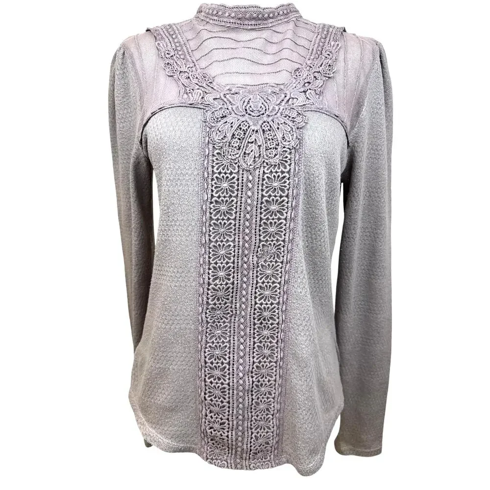 Free People Crochet Lace Mock Neck Long Sleeve Boho Top Purple Medium